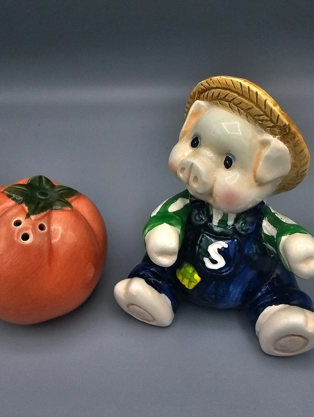 Vintage Ceramic Pig Farmer and Tomato Salt and Pepper Shakers